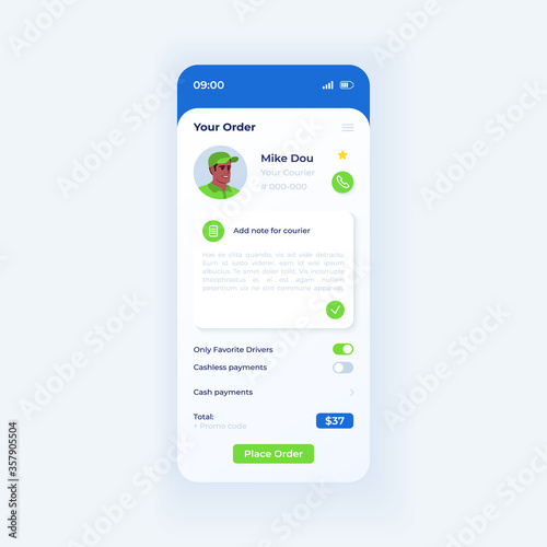 Shipping service smartphone interface vector template. Mobile app page light theme design layout. Customer order description screen. Flat UI for application. Delivery details on phone display