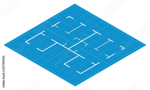 Isometric blueprint house floor plan simple flat vector illustration.