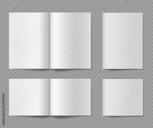 Booklet mockup. Open and closed horizontal empty paper brochure, journal or fold catalog for presentation design, realistic vector set