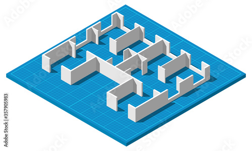 Isometric blueprint house floor plan simple flat vector illustration.