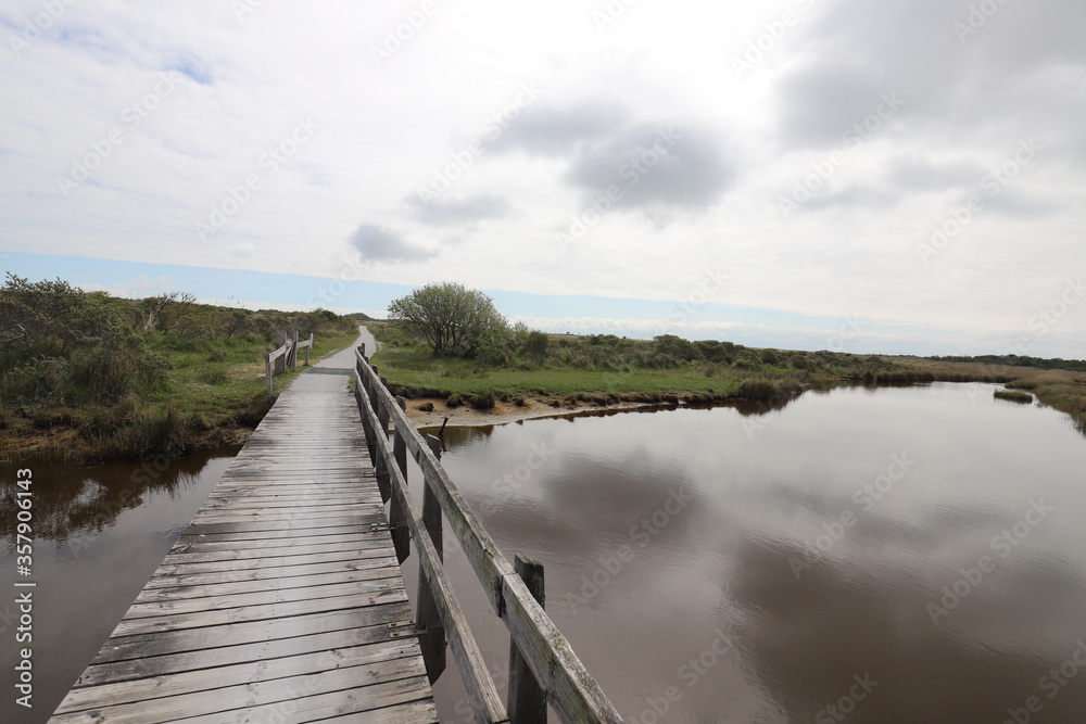A panoramic view over a bridge in a national reserve with salt marshes. Photo was taken on a sunny day in May. A panoramic view over a bridge in a national reserve with salt marshes. Photo was taken on a sunny day in May.