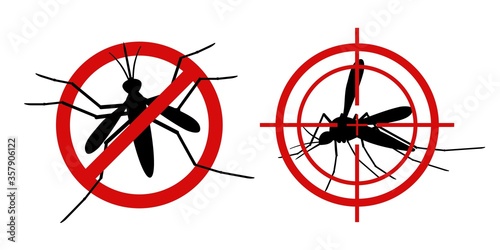 Mosquito warning signs. Informational red prohibited mosquito target, control insect, prevent epidemic, signaling stop gnat. vector set