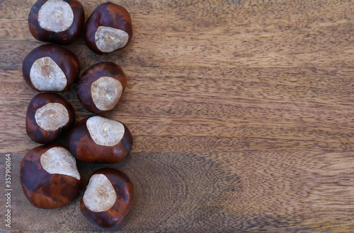 Wooden background with chestnuts  autum background copy space