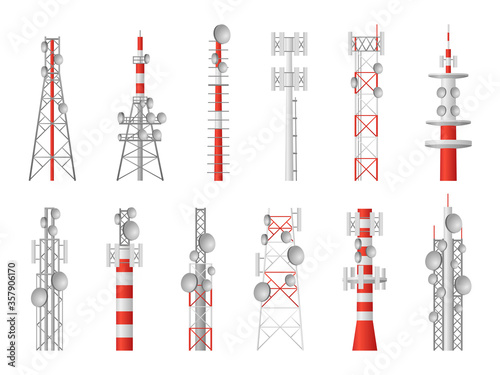 Radio towers. Telecom masts broadcast equipment, wireless station towered transmitter satellite signal, communication technology vector set