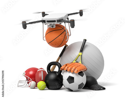 3d rendering of camera drone putting basketball in pile of sports equipment isolated on white background.