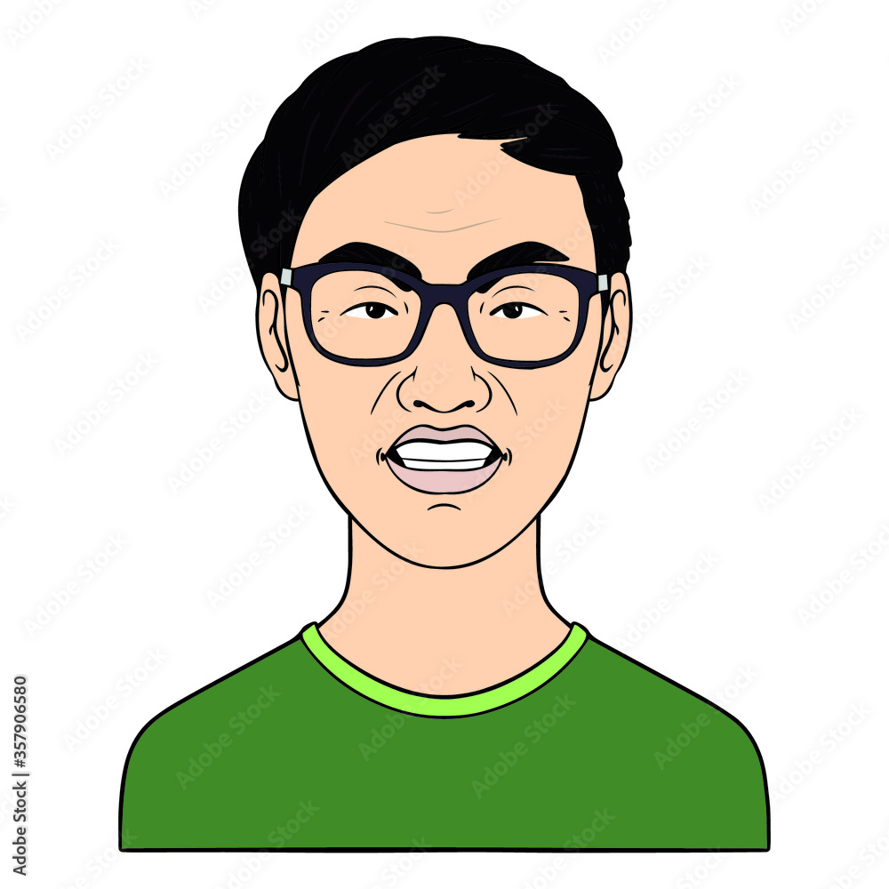 angry chinese teenager with glasses. vector cartoon avatar with green tshirt. angry chinese teenager with glasses. vector cartoon avatar with green tshirt.