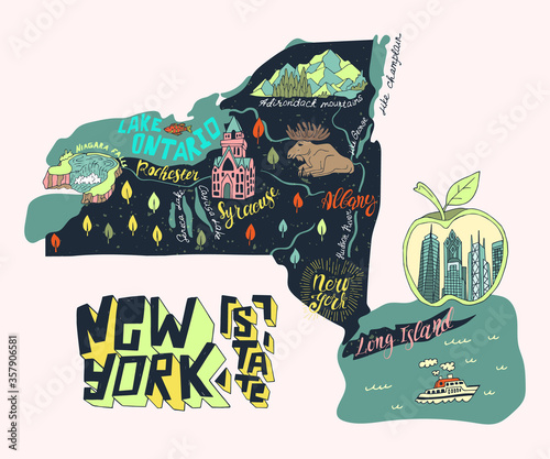 illustrated tourist map of New York state, USA. Travel and attrections