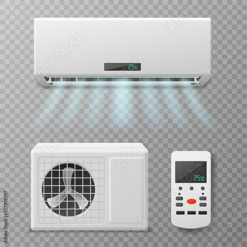 Air conditioning. Realistic conditioner, hot or cold blowing air. Fresh airing flow in apartment or office, climate maintenance vector set