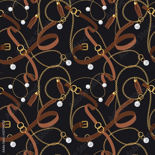 Belts seamless pattern. Gold chains and pendants, bracelets and leather straps elements design for fashion wallpaper vector texture