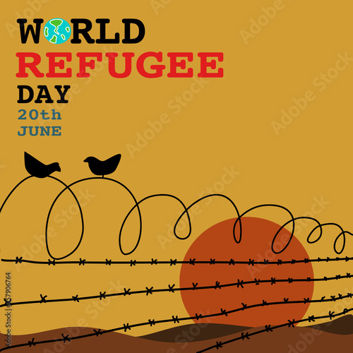 hand drawn vector of  refugee camp from behind the barbed wire fence in empty day sunset . with 2 birds on the fence for world refugee day on 20th June .