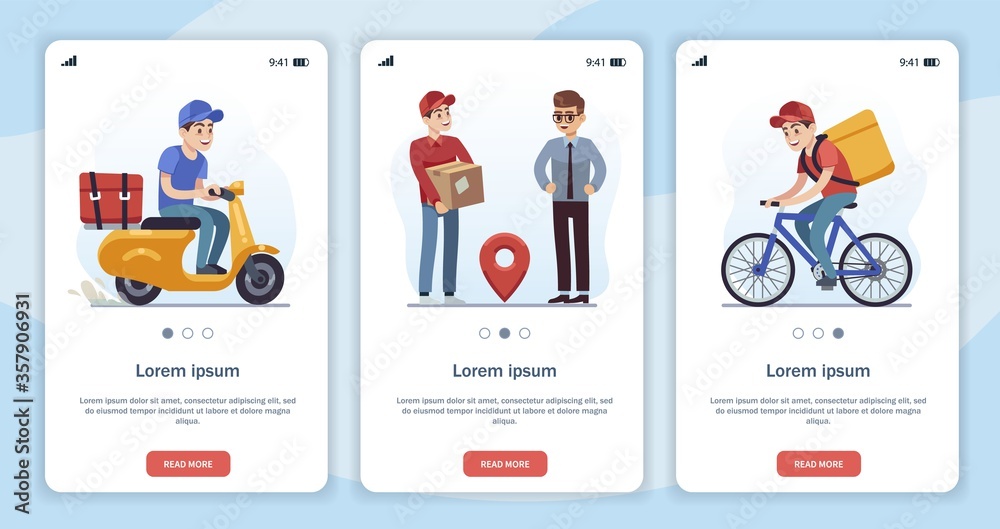Template for mobile app page with delivery theme. Flat cartoon characters fast courier, moped driver