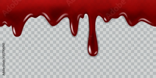 Dripping blood. Current red liquid, paint flow and drops for halloween, vampire game, medicine flyer or web banner realistic vector template