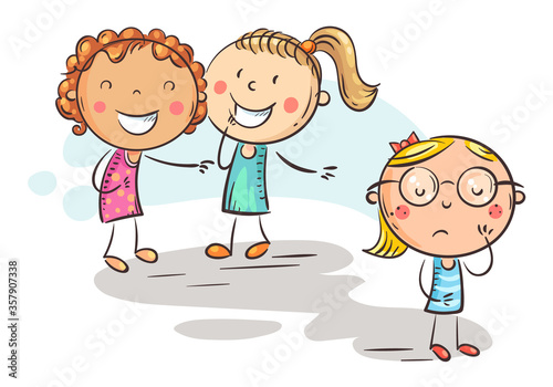 Children laughing and pointing at the shy girl in glasses, school bullying, doodle drawing