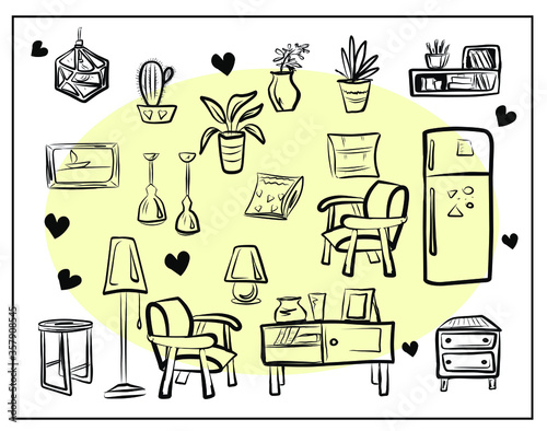Painting with a set of isolated images of furniture and household items on a  white background. Refrigerator, lamps, chandeliers, floor lamp, chests of drawers, cabinet, shelf, pillows, chairs.