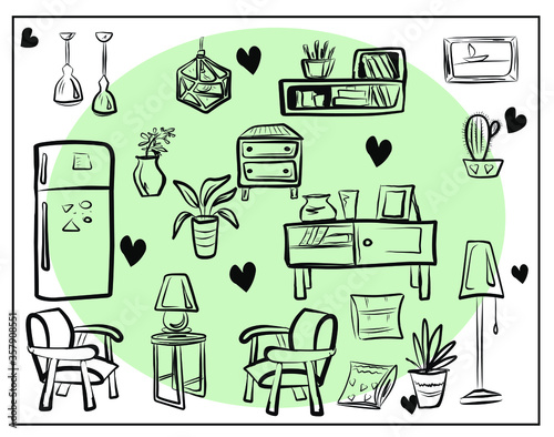 Painting with a set of isolated images of furniture and household items on a  white background. Refrigerator, lamps, chandeliers, floor lamp, chests of drawers, cabinet, shelf, pillows, chairs.