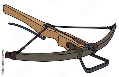 The vectorized hand drawing of a historical wooden crossbow