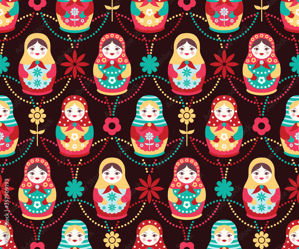 Folk seamless pattern with Russian dolls and flowers. Matryoshka colorful background