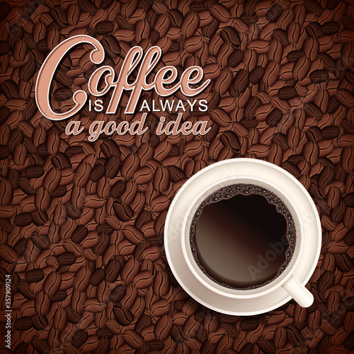 Vector typographical background with coffee beans and cup