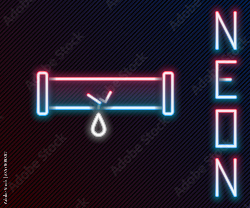 Glowing neon line Broken metal pipe with leaking water icon isolated on black background. Colorful outline concept. Vector Illustration