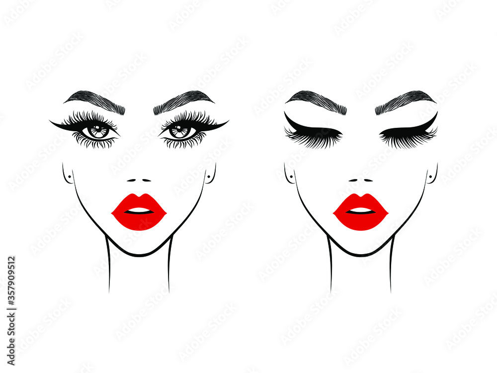 Beautiful face model woman, open and closed eyes, red lips, black eyelashes extensions Beauty Logo, sign, symbol, icon for salon, spa salon, hairdressing, firm company or center. Vector illustration Beautiful face model woman, open and closed eyes, red lips, black eyelashes extensions Beauty Logo, sign, symbol, icon for salon, spa salon, hairdressing, firm company or center. Vector illustration