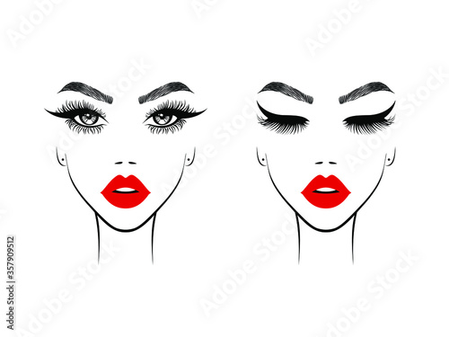 Beautiful face model woman  open and closed eyes  red lips  black eyelashes extensions Beauty Logo  sign  symbol  icon for salon  spa salon  hairdressing  firm company or center. Vector illustration