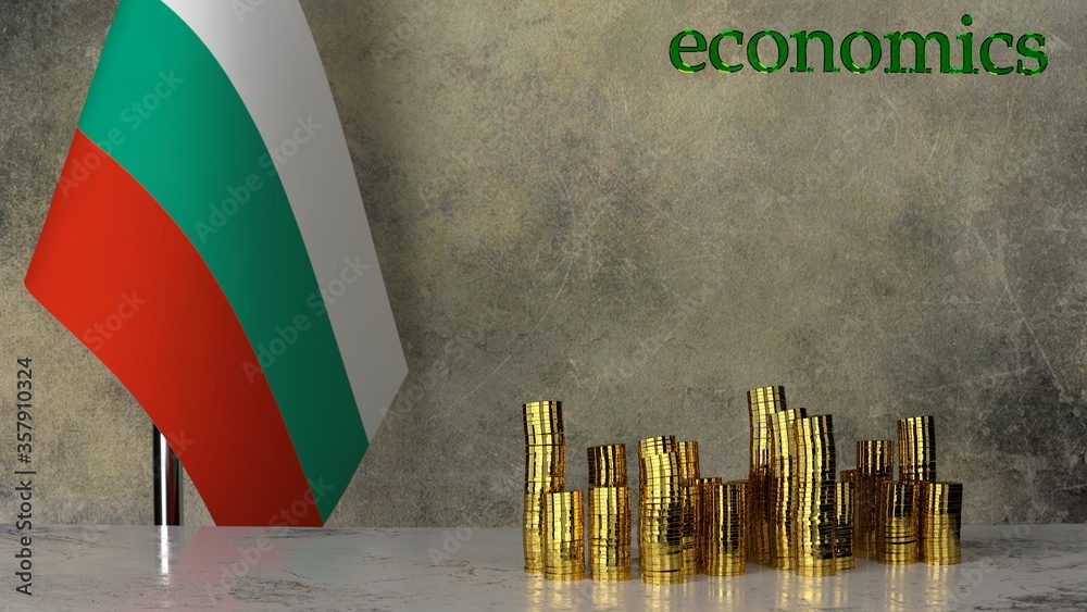Φωτογραφία Piles of gold coins on a marble table against the background of the flag of Bulgaria