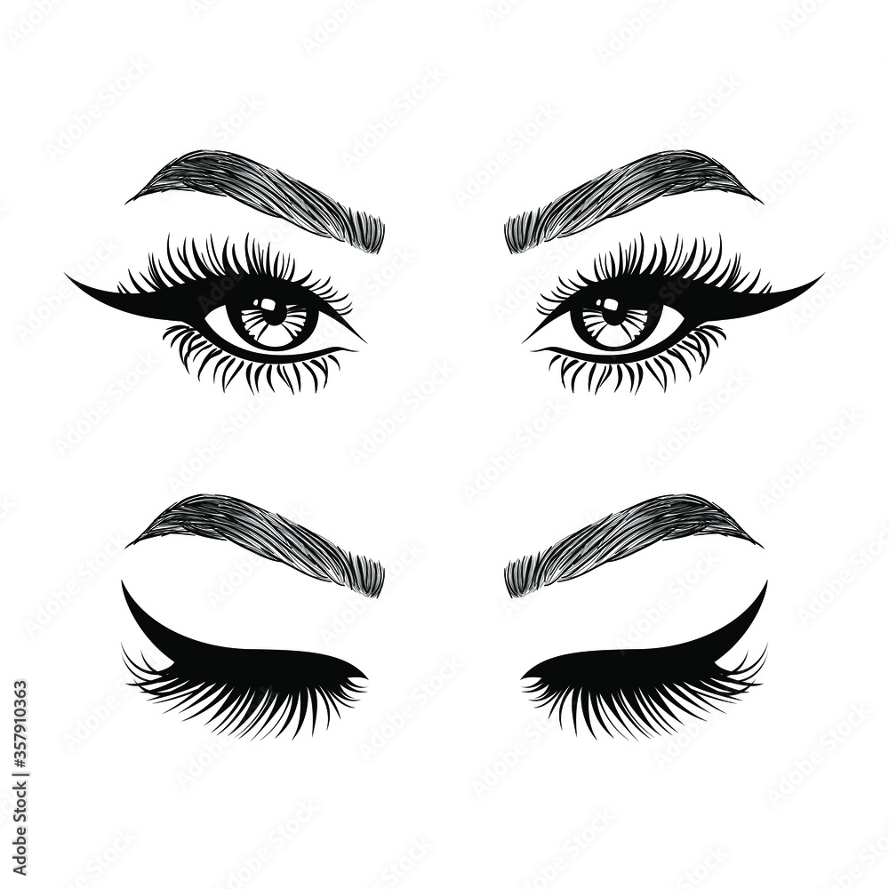 Set open eyes, closed eyes. Beautiful woman face, eyebrows and lush eyelashes, lashes extensions. Element design. Beauty Logo. Vector illustration.