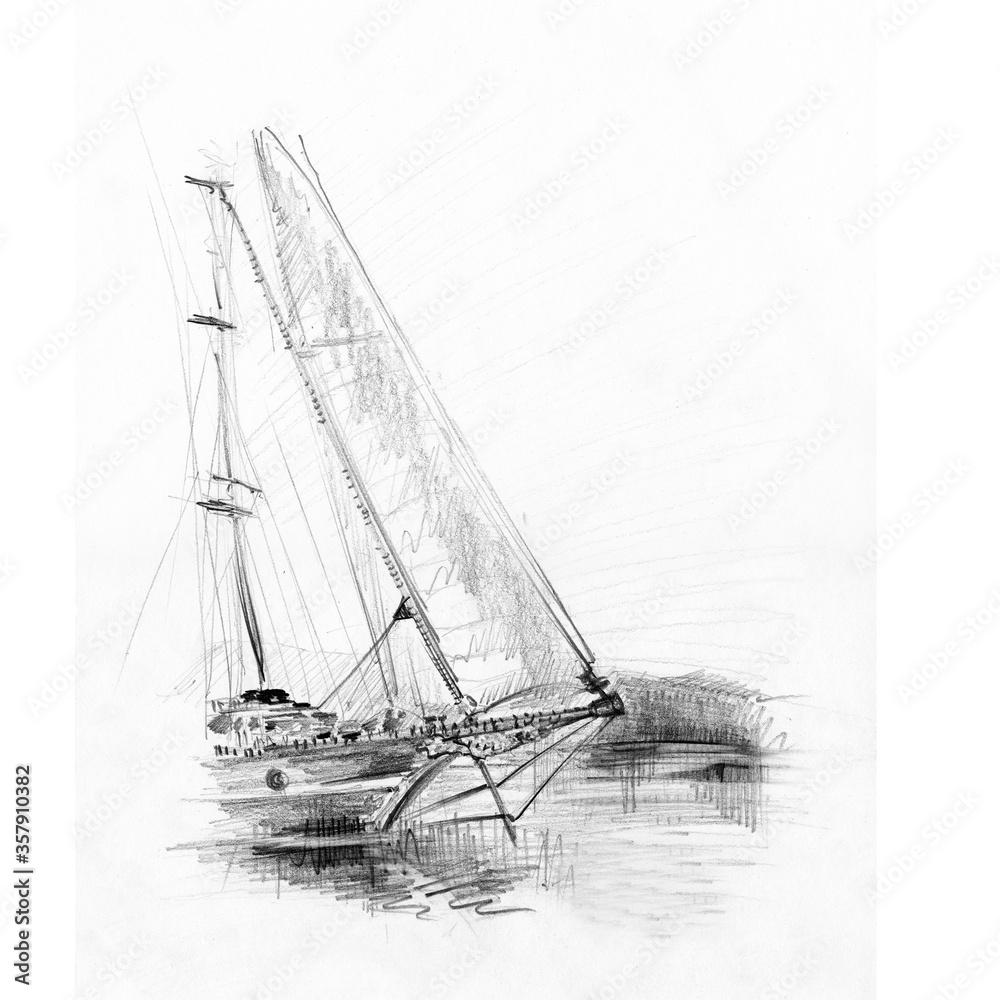 Pencil (Charcoal) drawing, Sailing concept.