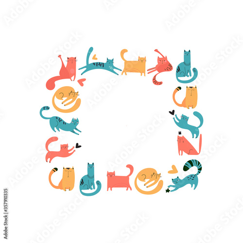 Square frame of hand-drawn cats for print, textile, t-shirts, posters. Vector pets of different colors play, sit, walk, sleep. Cute faces, mustache, paws, tails. Frame design on a white background