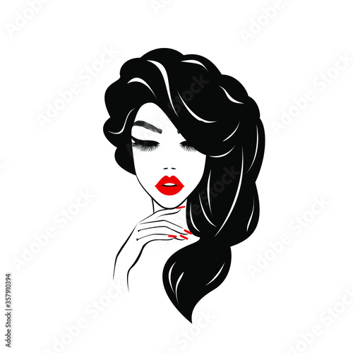 Beautiful sexy face  red lips  hand with red manicure nails  fashion woman  element design  nails studio  curly hairstyle  hair salon sign  icon. Beauty Logo. Vector illustration. Hand drawing style.