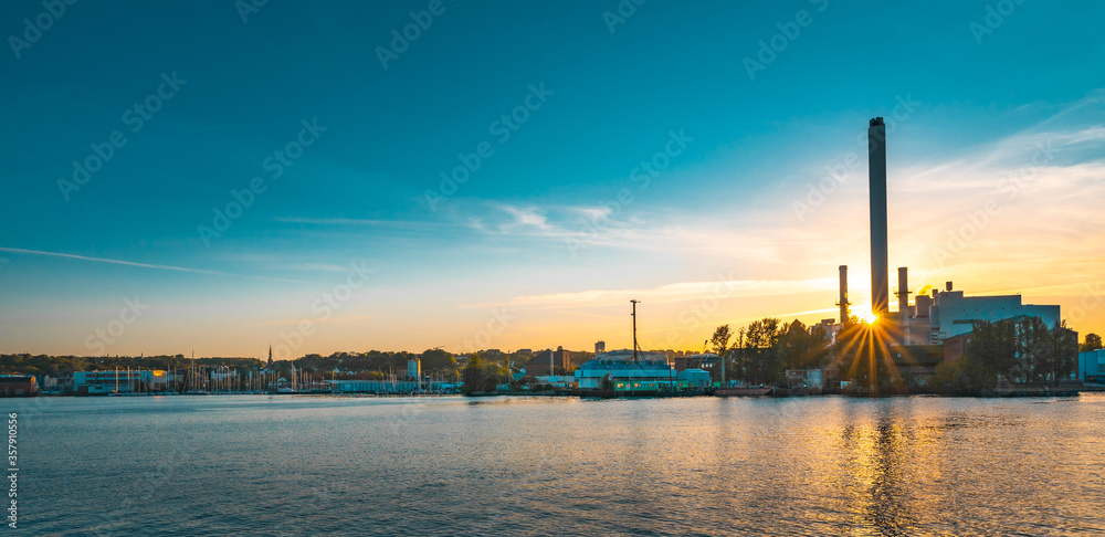 Flensburg harbour skyline before sunset