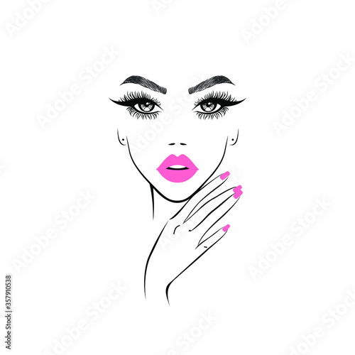 Beautiful woman face with red lips  lush eyelashes  hand with red manicure nails. Spa salon. Beauty Logo. Vector illustration