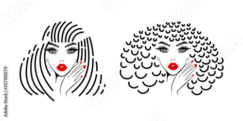 Beauty logo. Beautiful face, red lips, fashion woman with abstract straight, curly hairstyle, eyelash extensions, hair salon sign, icon. Vector illustration.