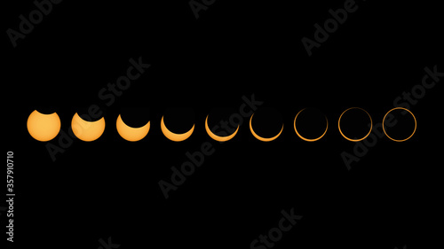 Annular solar eclipse phases composite panorama moon covers the sun's visible outer edges to form a total "ring of fire" , India . rare hybrid solar eclipse