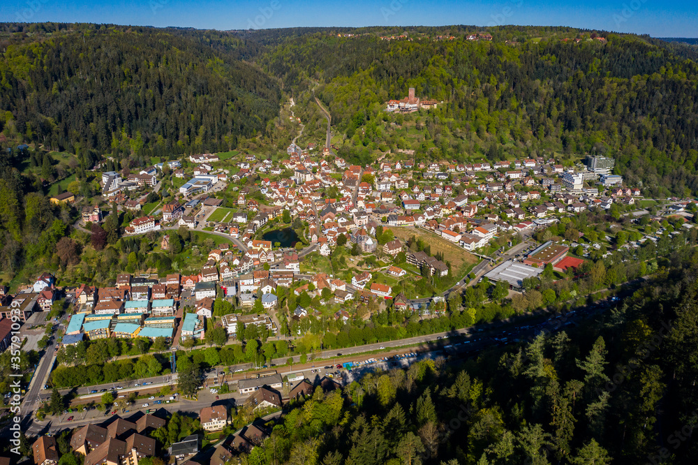 Aerial view of the city Bad Liebenzell in spring during the coronavirus lockdown.
