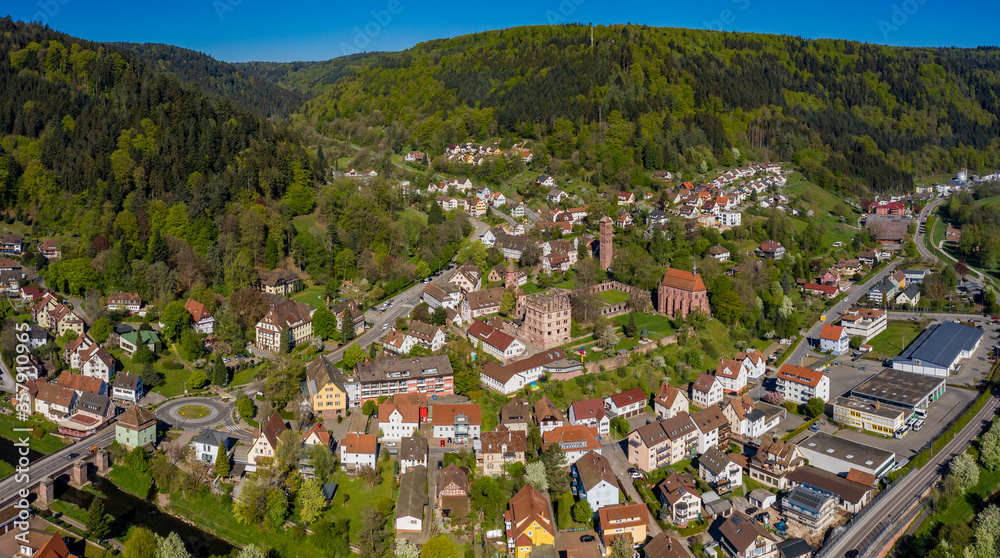 Aerial view of the city and monastery Hirsau in Germany on a sunny day in Spring during the coronavirus lockdown.
