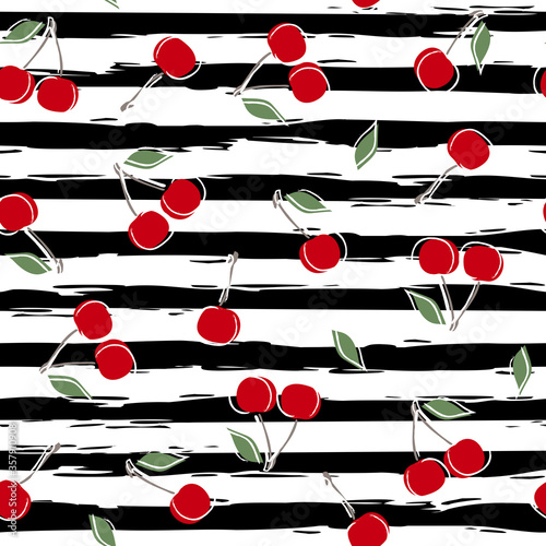 Seamless berrys pattern. Cute burgundy sweet cherry and white silhouette, stripes. Cartoon sketch. Fruit. Great for postcards, stickers, fabric and textile. White isolated background, raster illustrat