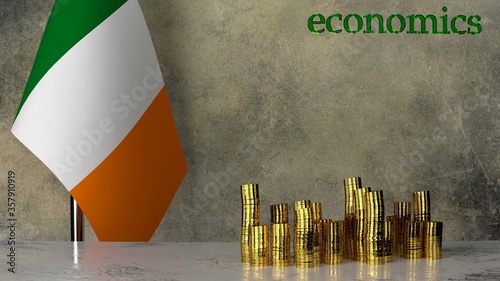 Piles of gold coins on a marble table against the background of the flag of Ireland. 3D rendering