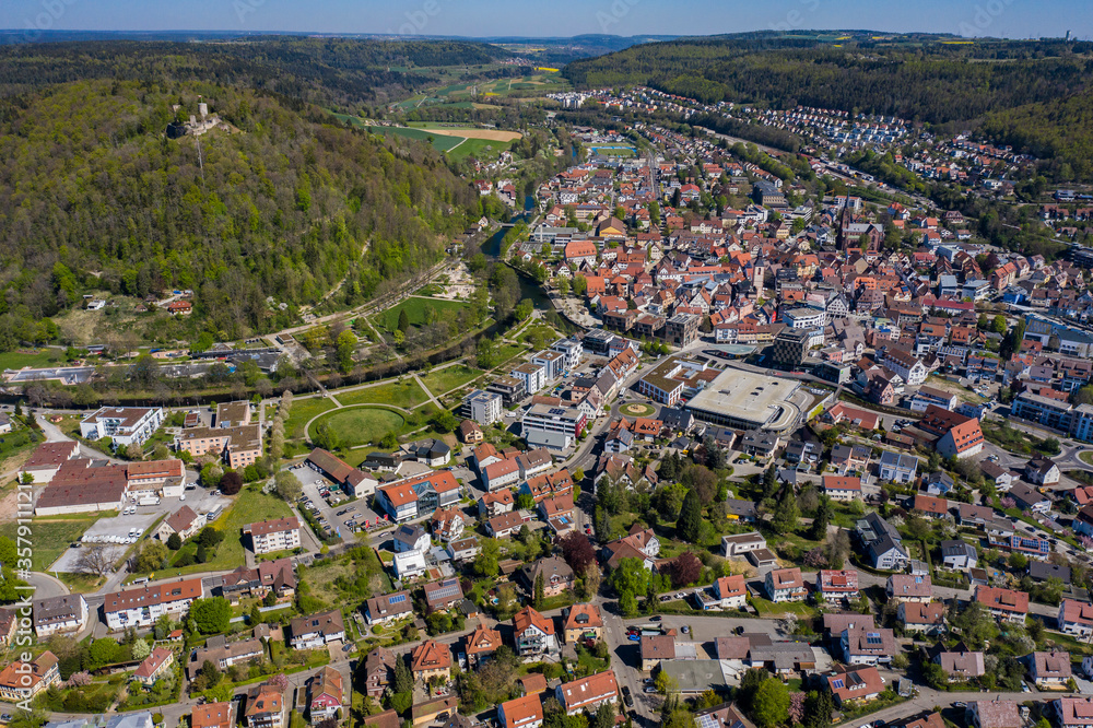 Aerial view of the city Nagold in spring during the coronavirus lockdown.
