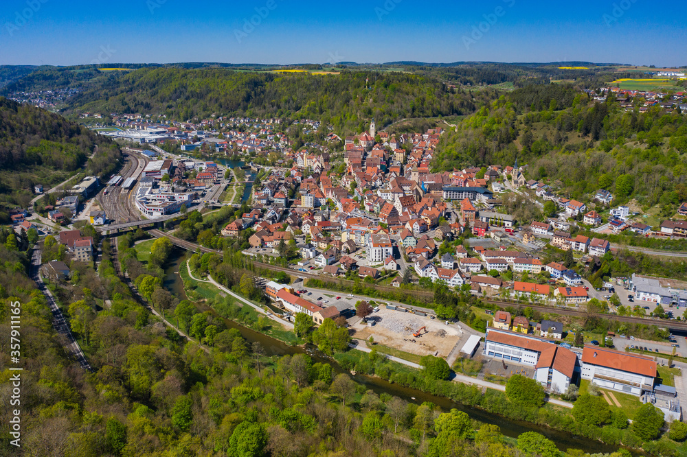 Aerial view of the city Horb am Neckar in spring during the coronavirus lockdown.

