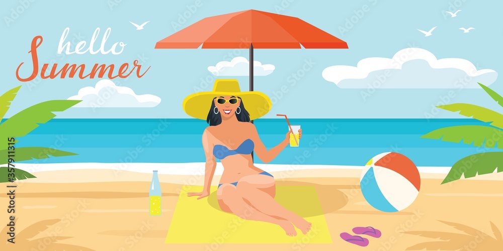 Woman in a bikini lies on the beach, under an umbrella on a yellow towel.