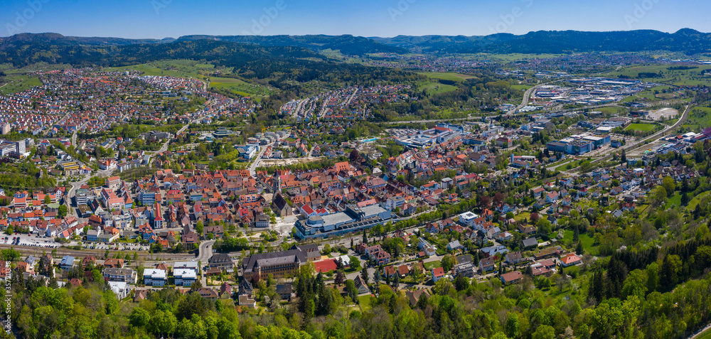 Aerial view of the city Balingen in Germany on a sunny day in Spring during the coronavirus lockdown.
