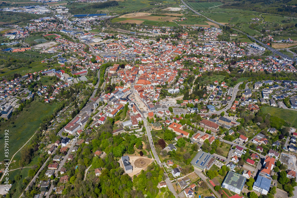 Aerial view of the city Hechingen in spring during the coronavirus lockdown.
