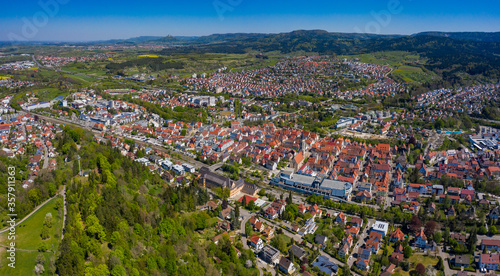 Aerial view of the city Balingen in Germany on a sunny day in Spring during the coronavirus lockdown. 