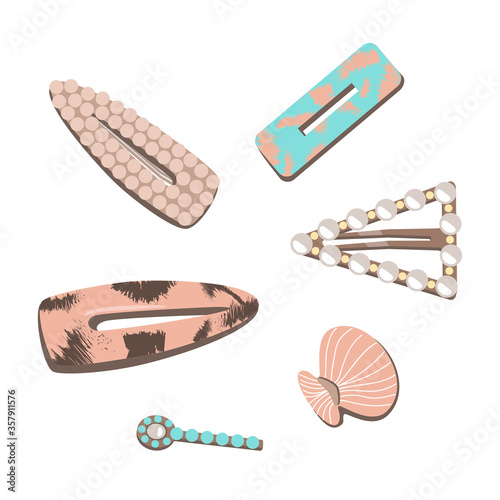 Flat vector set hair accessory. Hairpins and hair-clip for female salon concept. Hairdresser. Fashion hair. Beauty.