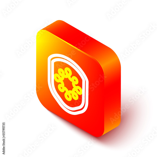 Isometric line Shield protecting from virus, germs and bacteria icon isolated on white background. Immune system concept. Corona virus 2019-nCoV. Orange square button. Vector Illustration