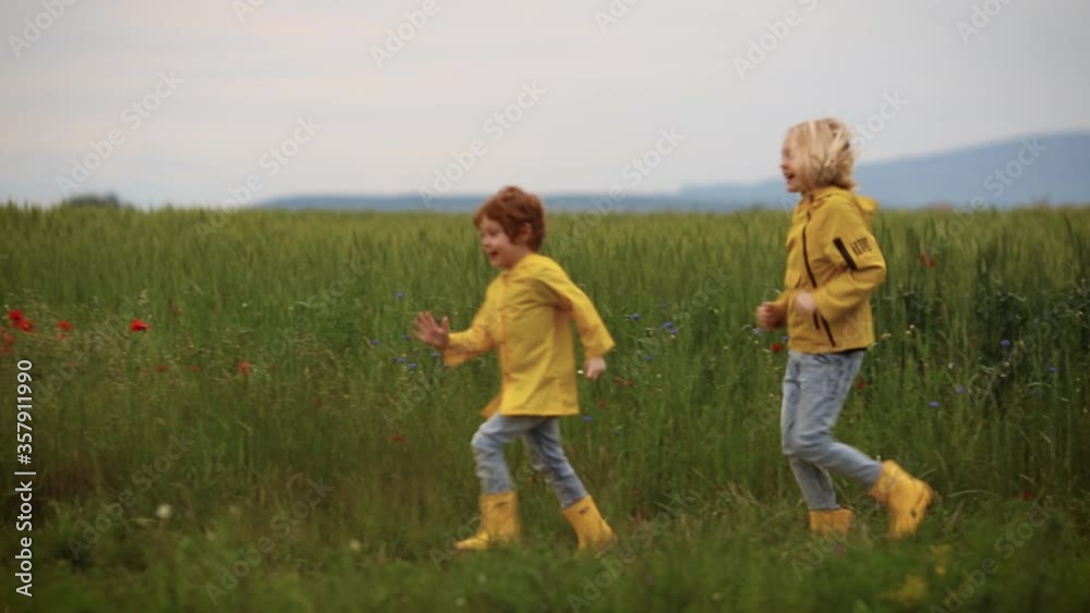 cute kids having fun chasing each other on summer field