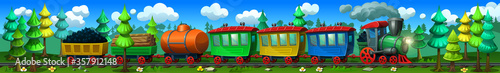 Cartoon steam locomotive with passenger railways carriages and freight wagons. Big forest panorama with the train.
Vector illustration.