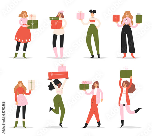 Collection of young women carrying festive gifts with purchases. Girls set taking part in seasonal Christmas sale, Black friday at store, shop, mall. Cartoon characters isolated on white background
