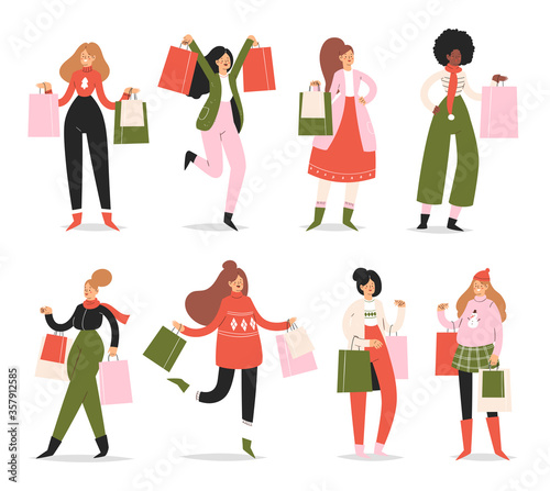 Collection of young women carrying shopping bags with purchases. Girls set taking part in seasonal Christmas sale, Black friday at store, shop, mall. Cartoon characters isolated on white background
